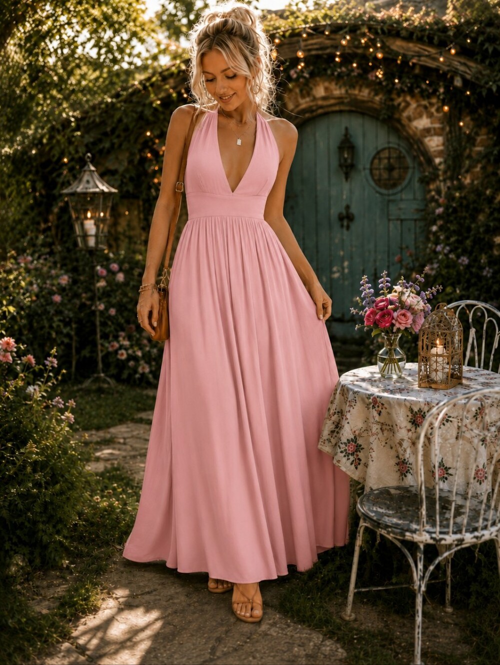 NWT Susana Monaco Soft Pink V-Neck Halter Maxi Dress Summer Beach Small Boho S
